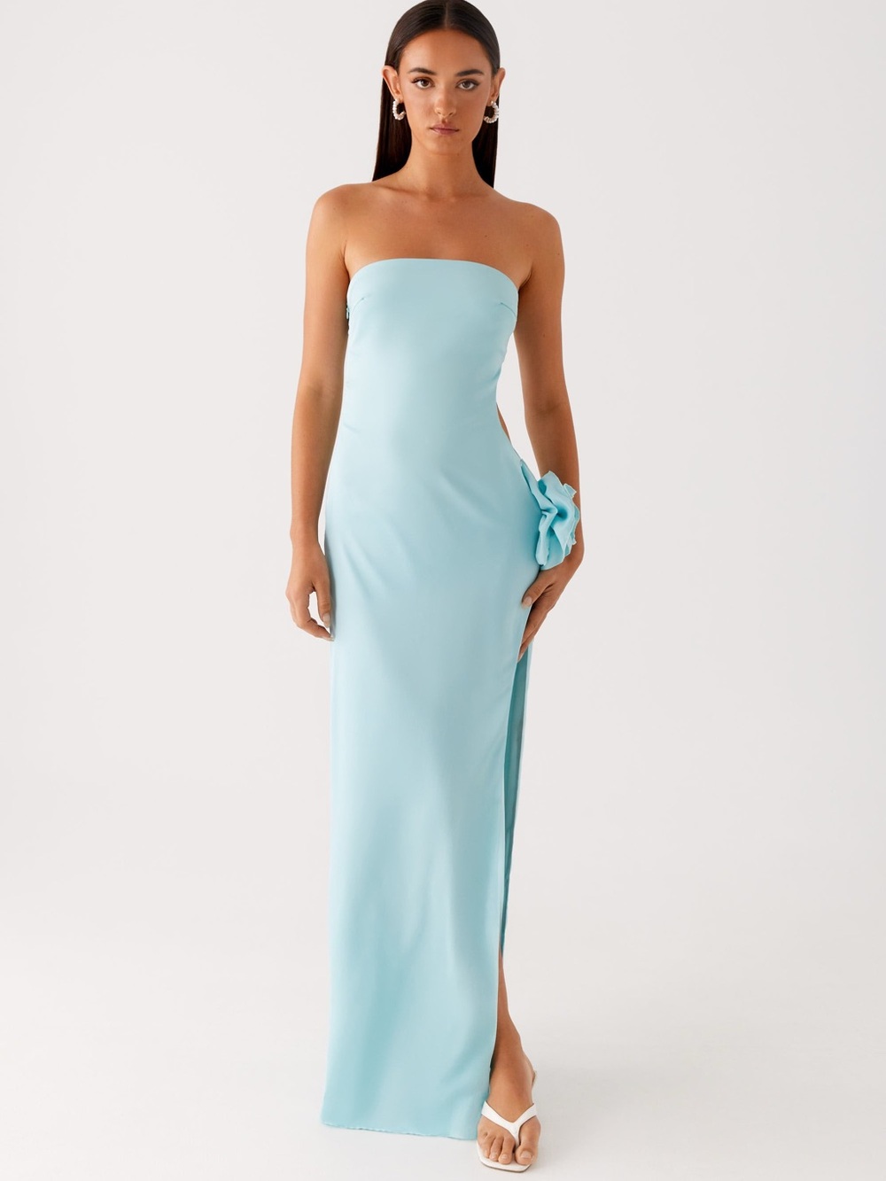 Peppermayo Strapless Light Blue Column Gown with Side Flower